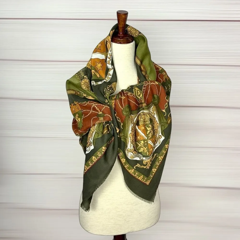 Art of the Scarf Large Square Scarf Shawl Baroque Style Green Terracotta  Italy